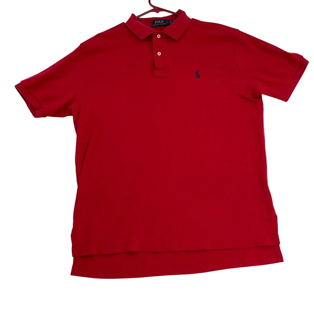 Polo Ralph Lauren Mens Large Red Short Sleeve Cotton Polo‎ Shirt Navy Blue Pony